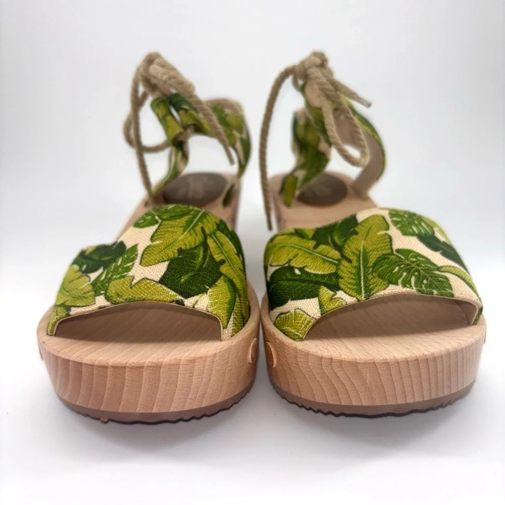 Sedette Tropical Print Platform Ethical Vegan Wood Sandals with Rope Tie Sz 8.5